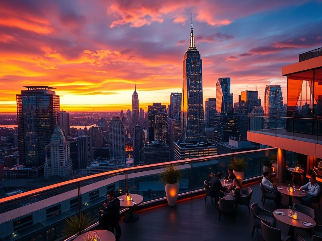 A high-resolution photo of a vibrant NYC skyline at sunset, showcasing modern architectural buildings with luminous highlights. The foreground features an elegant rooftop bar with stylish outdoor seating, illuminated by soft, warm lights. The scene captures a lively atmosphere with people enjoying their evening, reflecting the essence of hospitality and influencer marketing. The sky is a mix of warm orange and purple hues, enhancing the overall appeal.