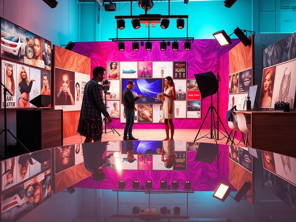 A high-resolution image showcasing a creative direction process. The image features a dynamic photoshoot setup with a director guiding a model, surrounded by moodboards displaying various brand aesthetics. The background consists of a beautifully designed set that reflects a themed experience, with vibrant colors and textures. The lighting is bright and inviting, emphasizing the creativity and energy of the scene. The composition is clear and focused, showcasing the director's engagement and the artistic pr