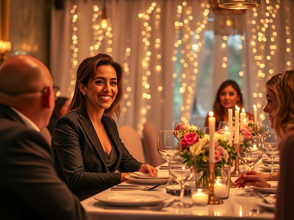 Create a realistic high-resolution photo that captures the essence of an elegant hospitality event enhanced by influencer partnerships. The focal point of the image should be a captivating influencer, a stylishly dressed individual with a warm, inviting smile, engaged in authentic interaction with a small group of guests at a beautifully set table adorned with luxurious floral arrangements and elegant dinnerware.

The background should showcase a softly lit ambiance, incorporating trendy event decor such as