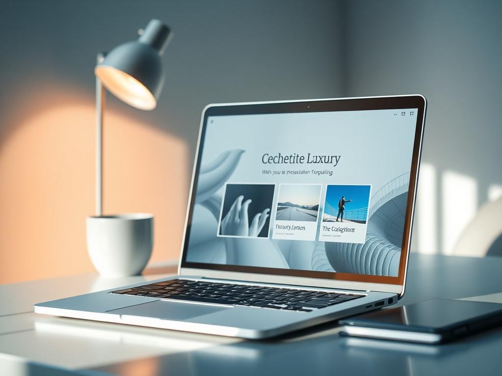 A realistic high-resolution photo showcasing a laptop open to a beautifully designed presentation template in Canva. The screen displays a luxury-themed slide with elegant fonts and rich blue and gray tones, capturing the essence of hospitality and branding. Soft natural light illuminates the workspace, enhancing the modern and sophisticated atmosphere.