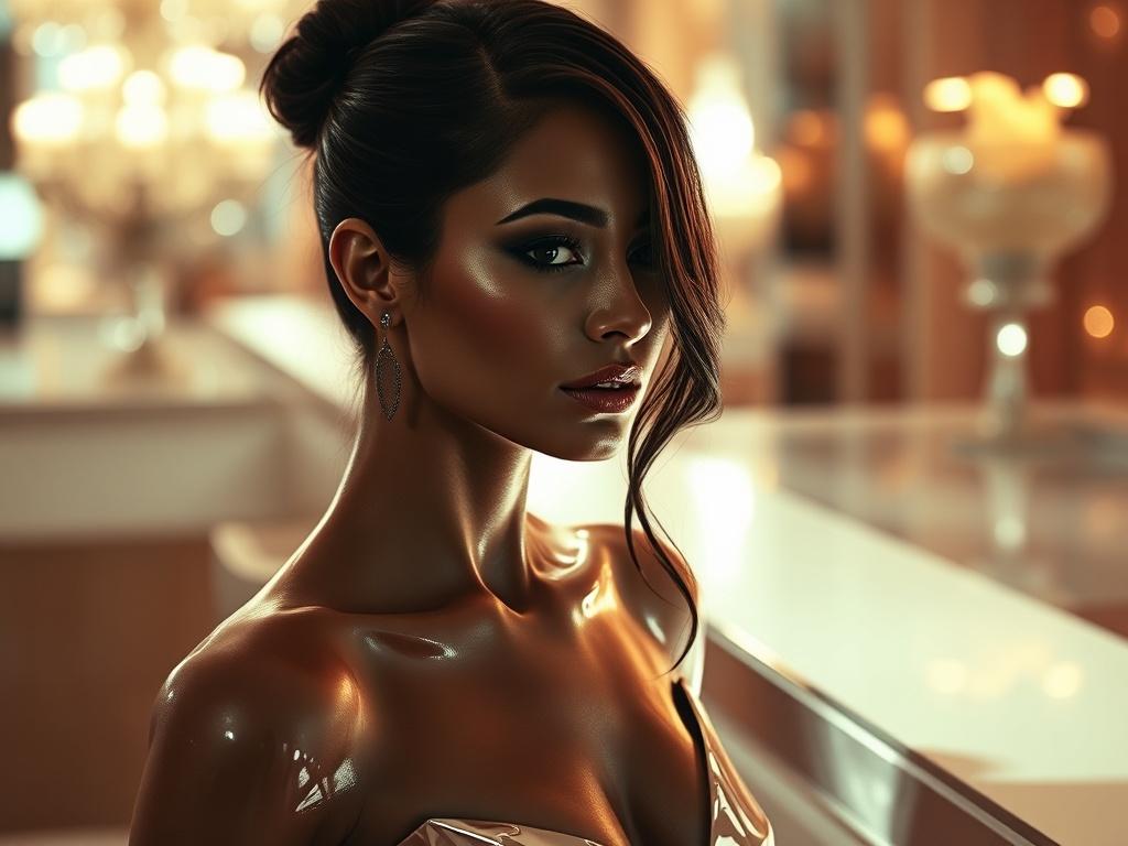 A supermodel in a glamorous setting, elegantly dressed, with a beautiful face that is partially hidden by shadows. The scene is visually striking, emphasizing the model's silhouette and the luxurious atmosphere around her. The background features soft, ambient lighting that enhances the allure of the moment. The composition should focus solely on the model, capturing her grace and mystique in a high-resolution photo.