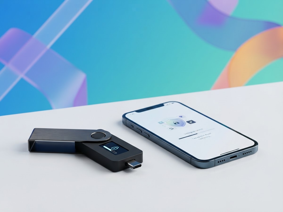 Product-style illustration of a hardware wallet device beside a smartphone with an abstract blue, teal, violet, and orange backdrop