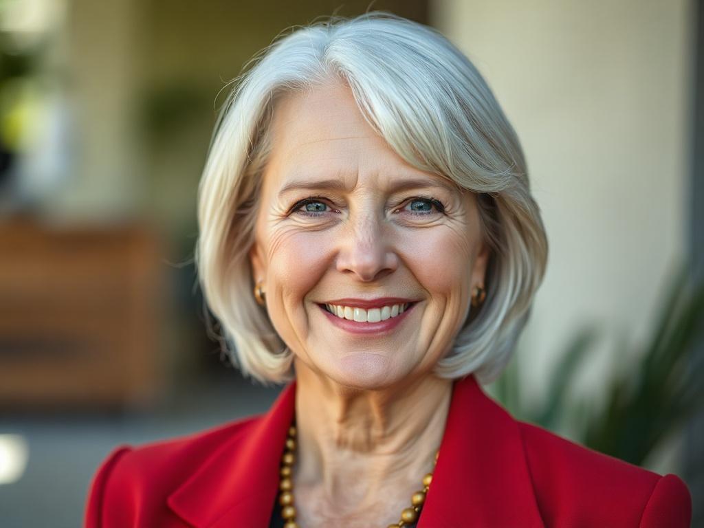 A close-up shot of a confident woman over 50, smiling warmly and looking directly at the camera. She has shoulder-length silver hair and is wearing a vibrant, professional outfit. The background is softly blurred, suggesting a serene yet empowering environment, with soft natural lighting that highlights her features. The overall image should convey a sense of clarity, confidence, and purpose.