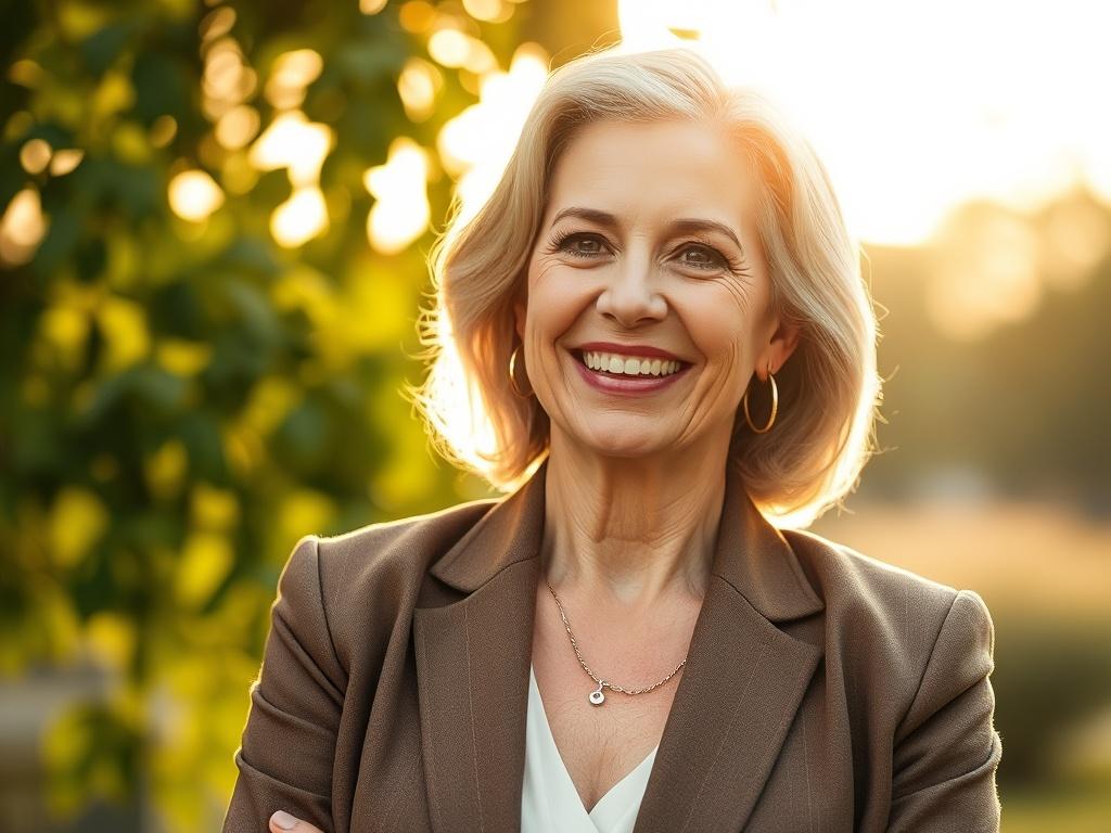 Create a highly detailed and realistic high-resolution image that embodies the theme "Embracing Change: A Guide for Women Over 50." The composition should feature a confident, joyful woman in her 50s, embodying the strength and grace that comes with this life stage. She should have a warm smile, displaying a sense of empowerment and readiness to embrace new opportunities. 

Position her against a soft-focus, natural background that suggests a serene environment—perhaps a park or garden during golden hour, with warm sunlight filtering through the leaves, casting a gentle glow. The colors in the background should harmonize beautifully with the theme, leaning towards earthy tones to evoke a sense of tranquility and balance.

The woman should be dressed in a stylish yet approachable outfit that conveys both professionalism and comfort, representing her readiness to navigate life transitions confidently and purposefully. The shot should be taken using a 45mm f/1.2 lens style to achieve a close-up focus on her face, ensuring her expression and confidence are the focal points of the image, while the background remains softly blurred to keep the attention on her.

Ensure the colors in the image align with the primary color rgb(155, 2, 2), lending a cohesive and warm appearance that resonates with the theme of embracing change and celebrating new beginnings. Avoid any text, abstract shapes, or additional subjects, keeping the composition clear and simple.