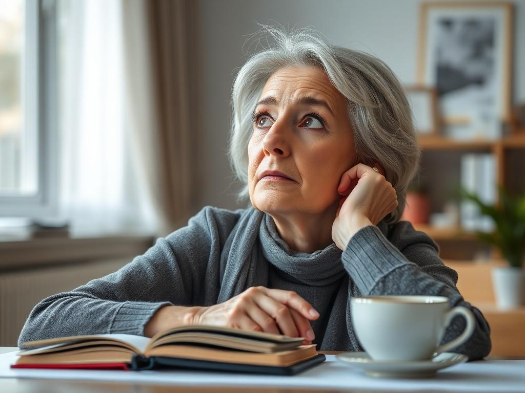 A close-up shot of a thoughtful woman in her 50s, gazing into the distance with a look of contemplation. She is seated at a desk with a journal and a cup of tea, symbolizing introspection and clarity. The background is softly blurred, focusing on her expression and the items around her, captured with a 45mm f/1.2 lens.