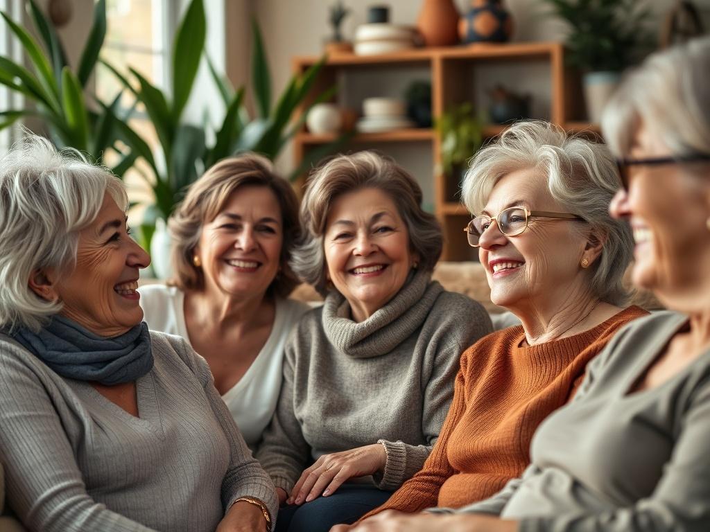 A close-up shot of a diverse group of women in their 50s, smiling and engaged in conversation. They are gathered in a cozy, well-lit room with comfortable seating, surrounded by plants and warm decor. The focus is on their happy expressions and connection, captured with a 45mm f/1.2 lens.