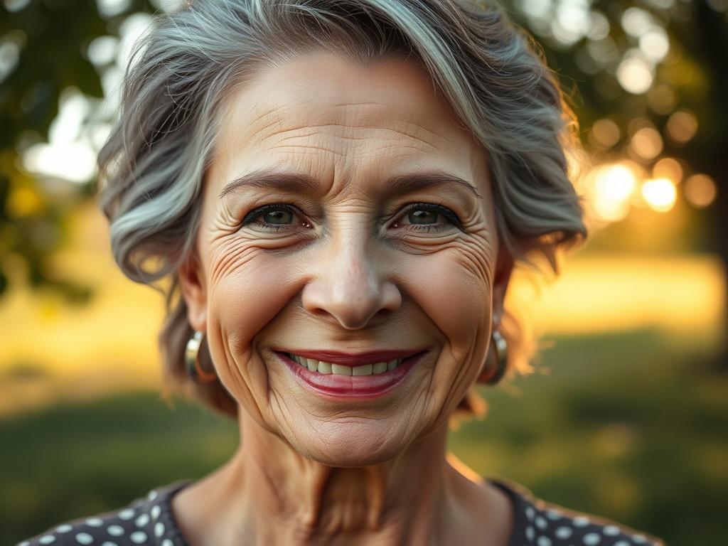 A close-up shot of a confident woman in her 50s, smiling with a serene expression. She is outdoors, surrounded by nature, symbolizing transformation and new beginnings. The background features soft greenery and warm sunlight filtering through the trees, creating an inviting, peaceful atmosphere. The focus is on her face, showcasing her determination and joy, captured with a 45mm f/1.2 lens.