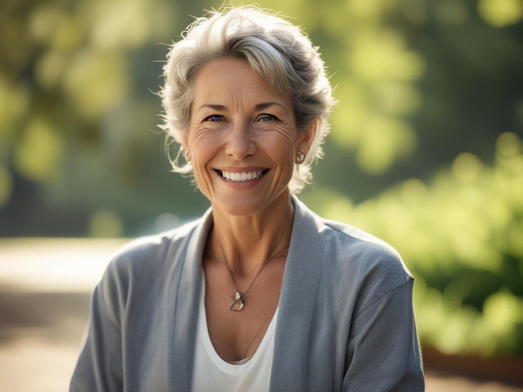 A close-up portrait of a confident woman in her 50s, exuding warmth and wisdom. She is smiling gently, surrounded by a serene outdoor setting that suggests growth and renewal, such as soft greenery and dappled sunlight. The focus is sharp on her face, capturing the details of her expression and the texture of her skin, while the background remains softly blurred. The colors should align with the palette of rgb(193, 153, 87), enhancing the inviting atmosphere of the scene.