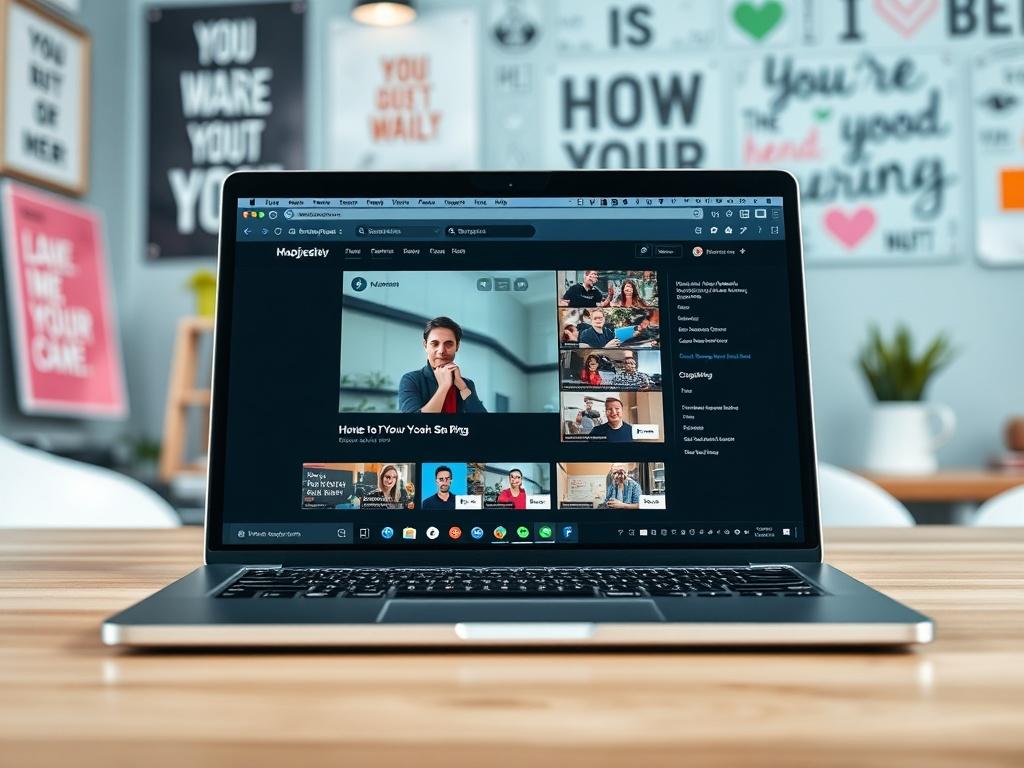 A realistic close-up of a laptop screen displaying the course interface, with engaging video content and vibrant visuals. The setting is a modern workspace with motivational decor in the background, creating an inspiring learning environment.