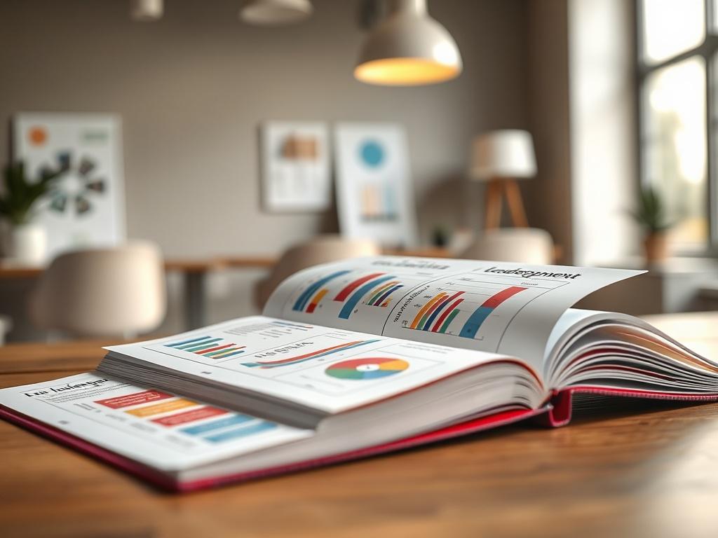 A close-up shot of an open leadership development workbook on a desk, with colorful charts and notes visible. The background features a calm and inspiring office environment, with soft lighting that creates an inviting atmosphere.