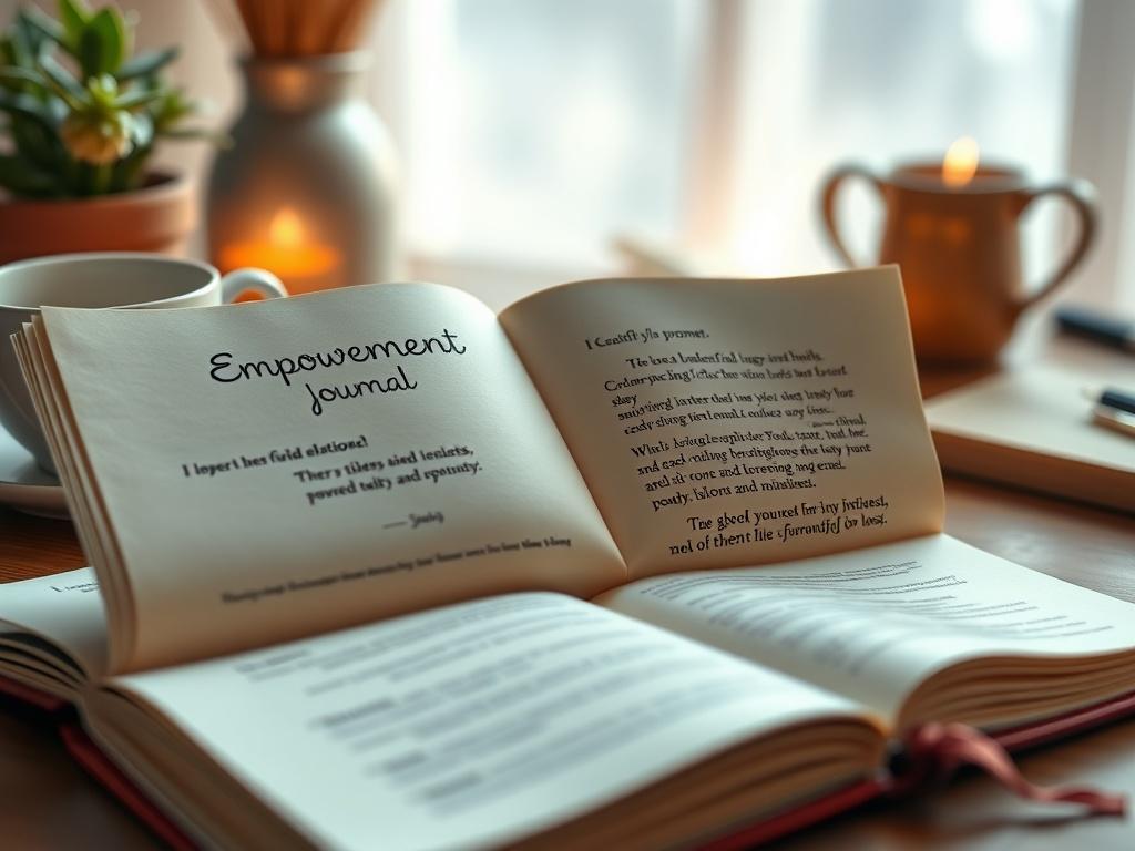 A hyper-realistic close-up of an open empowerment journal with beautifully designed pages, featuring inspirational quotes and prompts. The background is softly blurred to focus on the journal, showcasing a cozy workspace setting with a warm light illuminating the journal.