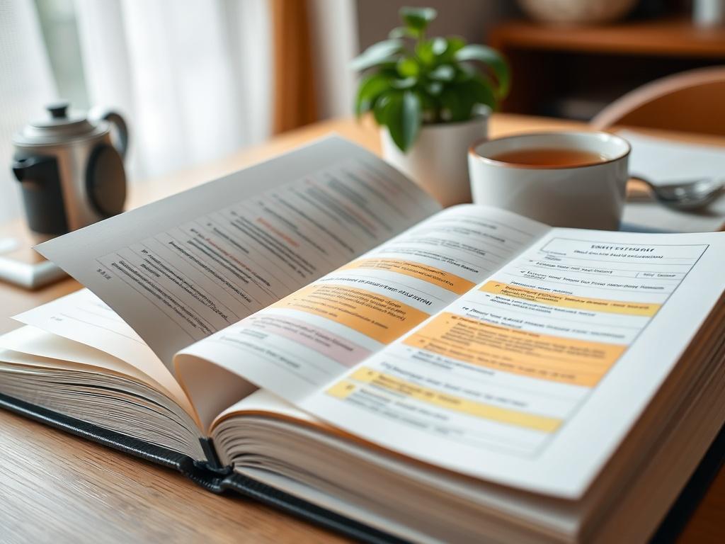 A close-up shot of an open workbook with colorful worksheets and exercises displayed. The background features a serene desk setting with a plant and a cup of tea, emphasizing a peaceful working environment.