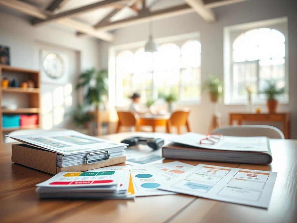 A close-up shot of a workshop kit including colorful materials and activity sheets on a table. The background features a bright, inviting room filled with natural light, suggesting a warm and engaging workshop setting.