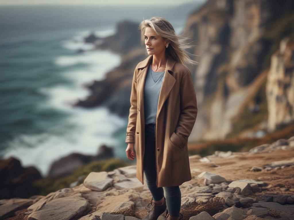 **AI Image Generation Prompt:**

Create a realistic high-resolution photo of a confident woman in her early 60s, standing on the edge of a cliff overlooking a breathtaking sunset. The woman is the only subject in the image, with a focused expression that conveys determination and hope. She has shoulder-length silver hair, wearing a light, flowy blouse that flutters gently in the breeze. Her arms are outstretched, symbolizing freedom and new possibilities. 

The background should highlight a picturesque land