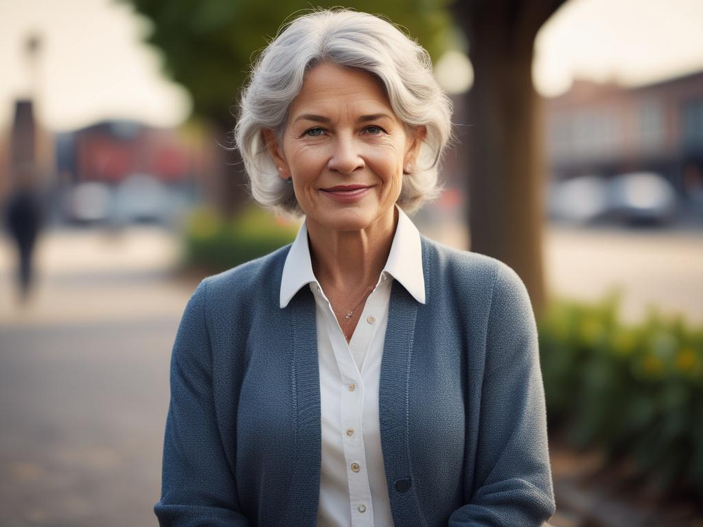 Create a hyper-realistic high-resolution image featuring a confident woman in her 50s, standing outdoors with a warm, inviting expression. The woman should have shoulder-length, wavy hair and wear a light, flowy top in soft, earthy colors that complement the primary color RGB(193, 153, 87). 

She should be positioned in front of a blurred natural background that suggests a serene setting, such as a park or garden filled with greenery, flowers, or gentle sunlight filtering through leaves. The composition sho