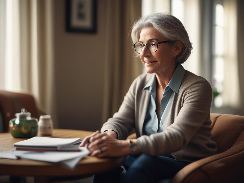 A close-up shot of a confident woman over 50 engaged in a one-on-one coaching session. She is sitting in a cozy, well-lit room with a warm, inviting atmosphere, looking focused and inspired. The background is softly blurred to emphasize her expression of clarity and determination. The color palette aligns with rgb(193, 153, 87), creating a harmonious and uplifting ambiance.
