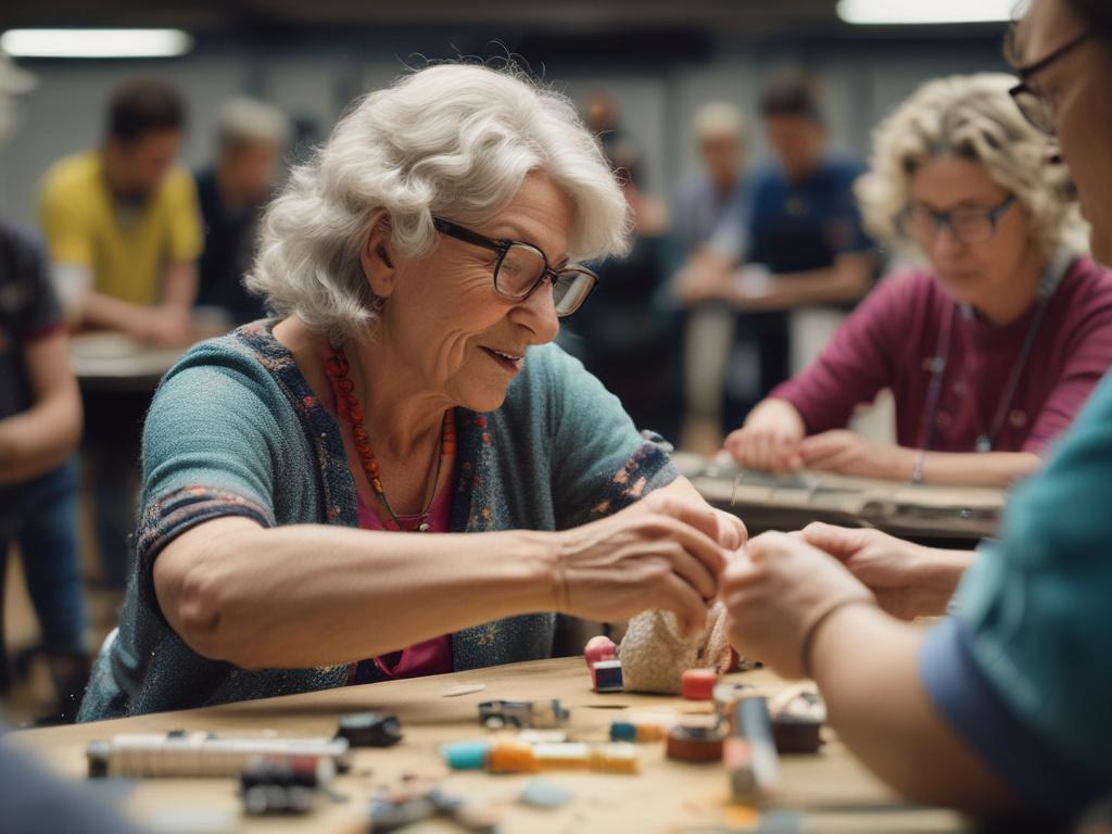 A close-up shot of an enthusiastic woman over 50 participating in a vibrant workshop. She is engaged in a hands-on activity, surrounded by materials and fellow attendees, all displaying expressions of excitement and inspiration. The setting is bright and inviting, with decorations that resonate with rgb(193, 153, 87), creating an energizing atmosphere.