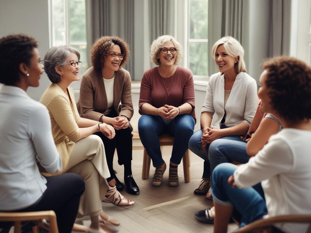 A close-up shot of a diverse group of women over 50 engaged in a lively group coaching session. They are seated in a circle, actively sharing and listening, surrounded by a warm and inviting space. The expressions on their faces reflect camaraderie, understanding, and empowerment. The background features soft, natural light and colors that complement rgb(193, 153, 87), creating an inviting atmosphere.