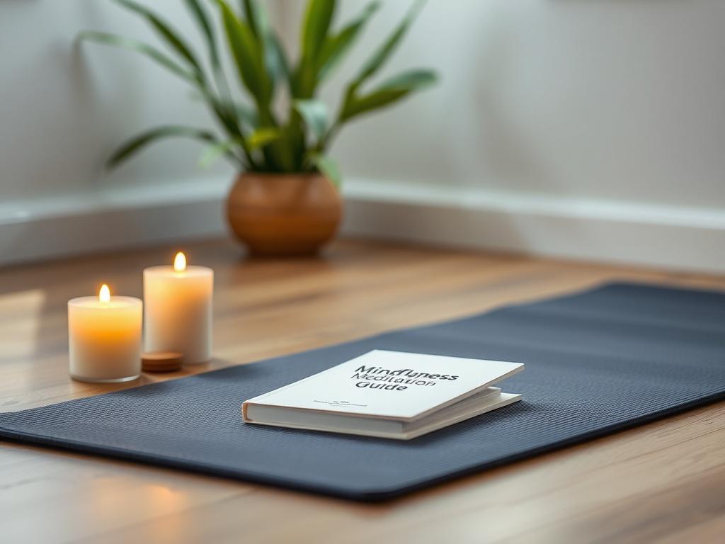 A realistic high-resolution photo of a serene meditation space featuring a yoga mat, candles, and the Mindfulness Meditation Guide placed gently on the mat. The background should be calming and natural, with soft greenery complementing the peaceful atmosphere.