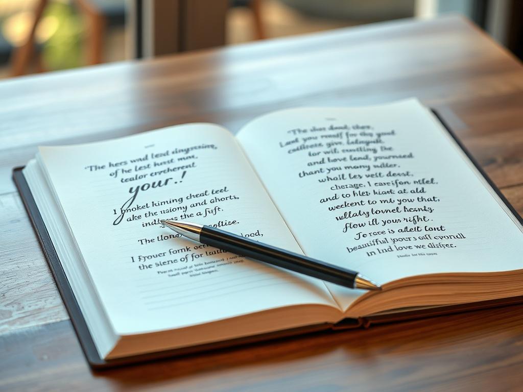 A realistic high-resolution photo of an open empowerment journal on a wooden table, with a pen placed beside it, showcasing beautifully designed pages with inspirational quotes. The background should be softly blurred to highlight the journal, with natural light illuminating the scene.