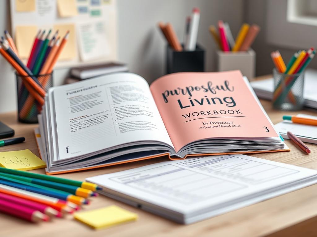 A realistic high-resolution photo of the Purposeful Living Workbook opened on a desk, with neatly arranged stationery like colorful pens and sticky notes around it. The background should be softly blurred, emphasizing the workbook's vibrant cover and engaging layout.