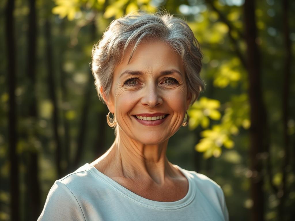Create a realistic high-resolution image featuring a confident woman, approximately 55 years old, standing at the edge of a serene forest. She has a warm smile and expressive eyes that convey a sense of empowerment and optimism. The composition should focus solely on her, with the background showcasing lush green trees gently swaying in the breeze, symbolizing growth and transformation. Sunlight should filter through the leaves, casting soft, inviting rays onto her face, highlighting her features and emphas