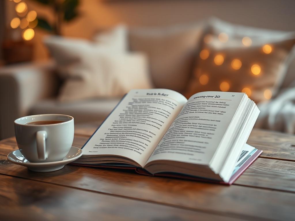 A realistic high-resolution photo of an open ebook on a cozy wooden table, with a steaming cup of tea beside it. The background features a softly blurred living room setting with warm lighting, creating an inviting and inspirational atmosphere. The focus should be on the ebook's pages showing empowering text related to women over 50, with a gentle bokeh effect to enhance the cozy feel.