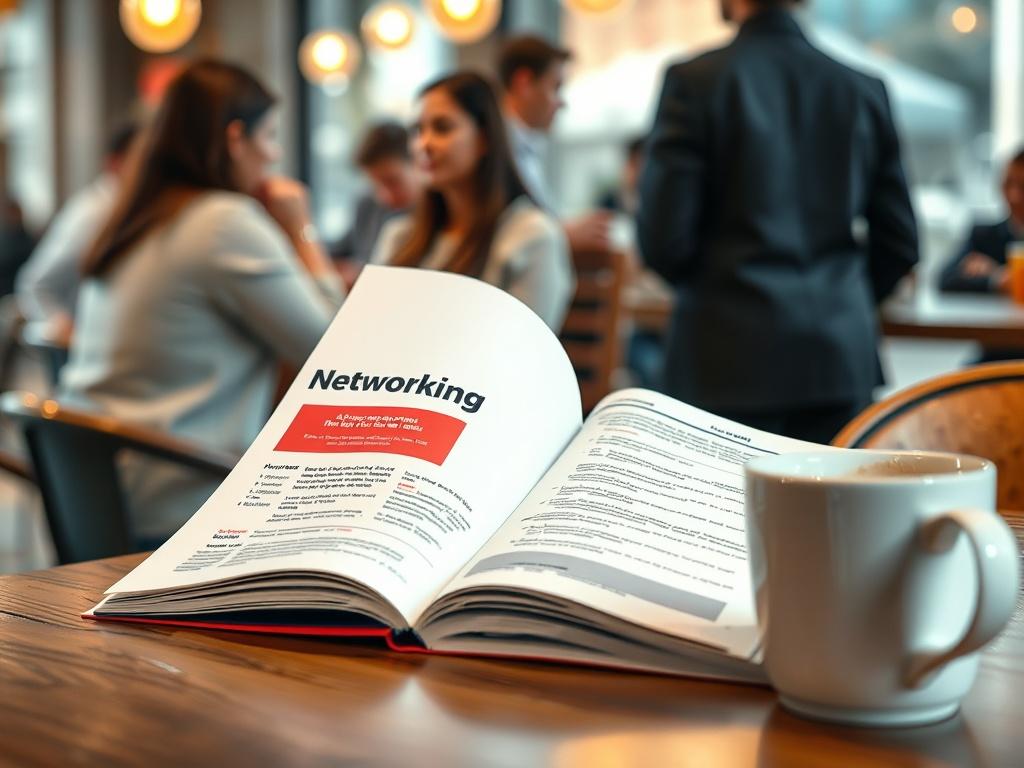 A close-up shot of a networking guide opened to a highlighted section, with a coffee cup beside it. The setting is a coffee shop with people in the background, creating a lively atmosphere. The focus is on the guide, showcasing its engaging layout.