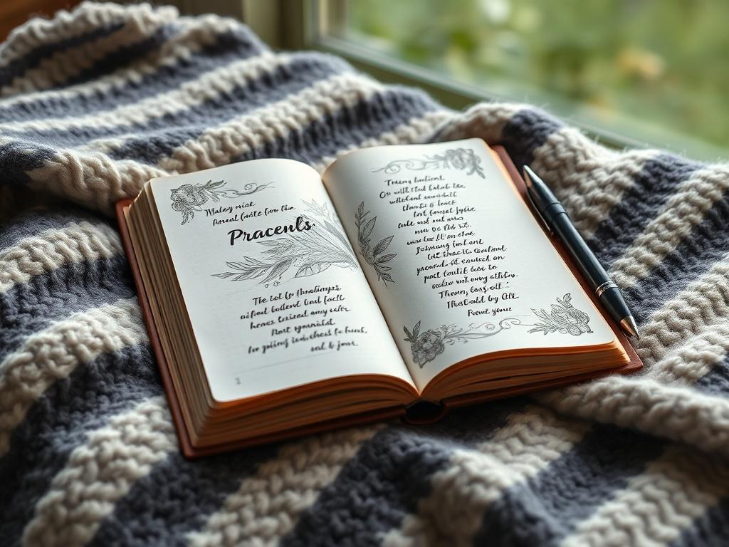 A high-resolution close-up of a beautifully designed journal lying open on a cozy blanket, with a pen placed beside it. The journal features decorative elements and inspiring quotes. The background is softly blurred, with a hint of nature peeking through.