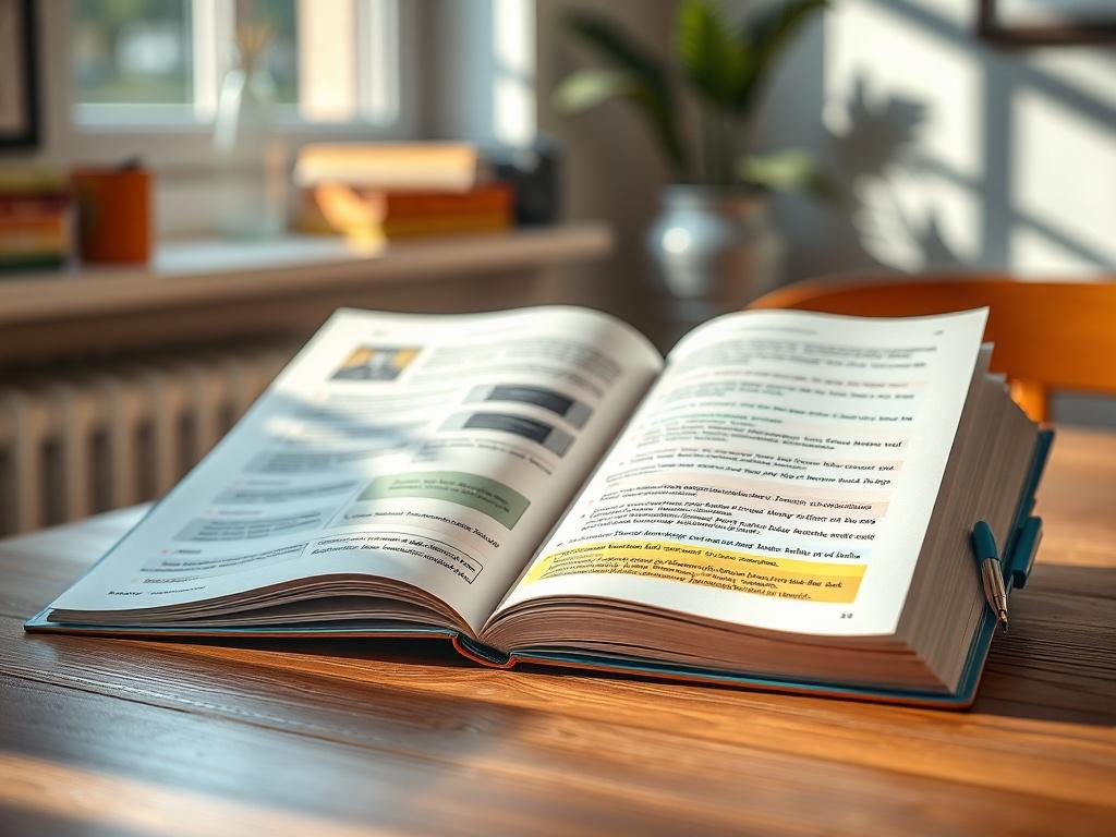 A close-up shot of an open workbook with colorful pages filled with prompts and exercises, resting on a wooden table. Soft natural light filters through a nearby window, casting gentle shadows. The background is blurred, focusing on the workbook, featuring vibrant colors and inviting designs.