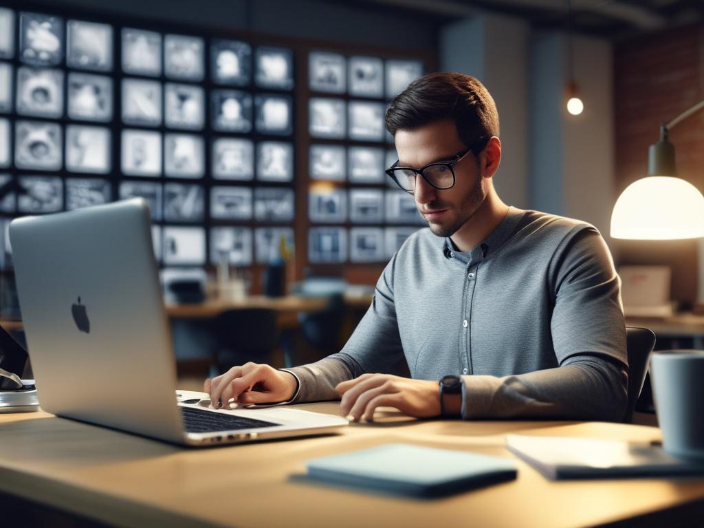 A close-up shot of a digital marketing strategist working on a laptop, surrounded by social media icons and branded content on the screen. The background shows a modern office workspace with a clean and organized aesthetic. The image should be hyper-realistic, with high-resolution clarity, capturing the essence of social media management. Ensure the colors in the image complement the rgb(2, 86, 197) primary color.