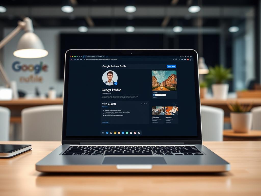 Create a hyper-realistic close-up photo of a laptop displaying an optimized Google Business Profile on its screen, surrounded by a clean and modern workspace. The background should convey a sense of professionalism and focus. Use a 45mm f/1.2 lens style to emphasize the details of the laptop screen while softly blurring the background. The primary color scheme should incorporate rgb(12, 186, 225) to align with the branding.