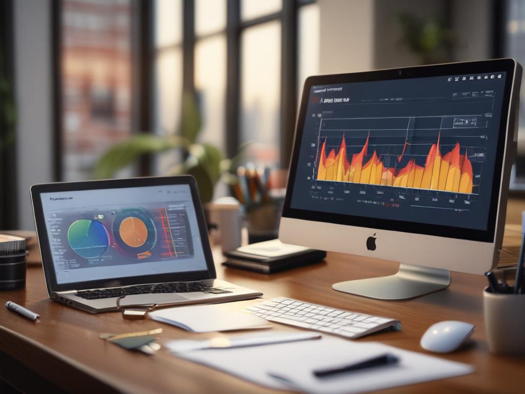 A close-up of a CRM dashboard on a computer screen, showcasing colorful graphs and metrics related to sales performance. The desk should have a coffee cup and a notepad, giving a sense of a productive work environment. The background should be softly blurred to keep the focus on the vibrant dashboard, captured in a hyper-realistic style with a 45mm f/1.2 lens.
