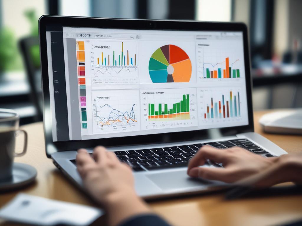 A close-up shot of a person analyzing advertising performance metrics on a laptop, set in a modern office environment. The screen displays colorful graphs and analytics related to Google and Facebook ads. The background features a clean, professional workspace with soft lighting and a hint of plants, creating an inviting atmosphere. The image is shot with a 45mm f/1.2 lens to achieve a hyper-realistic effect with a shallow depth of field.