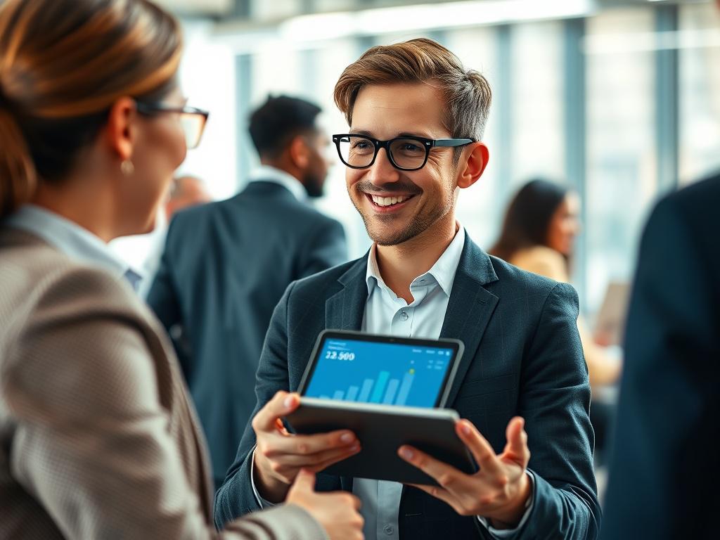 A hyper-realistic close-up shot of a confident business professional engaging in a conversation with a customer. The background shows a modern office environment, softly blurred to focus on the authentic interaction. The person has a warm smile, dressed in professional attire, holding a tablet showing positive engagement metrics. The lighting is bright yet soft, enhancing the inviting atmosphere of the scene.