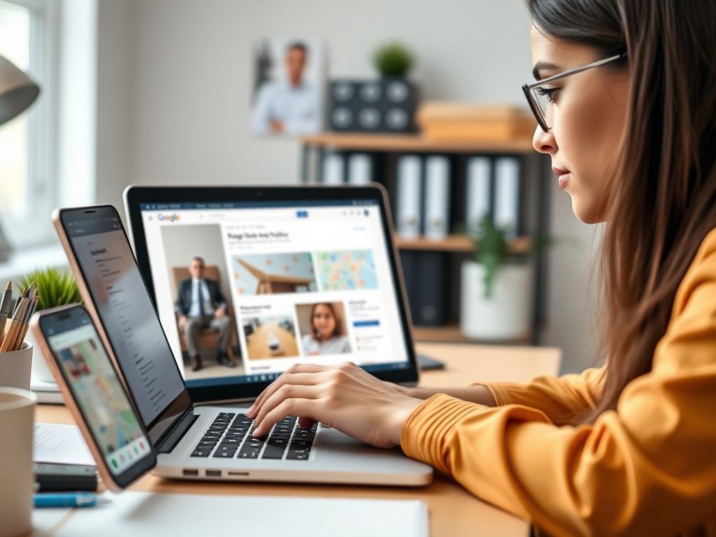 A close-up shot of a digital marketing professional working on a laptop, focused on optimizing a Google Business Profile. The background features a well-organized workspace with subtle hints of technology, such as a smartphone displaying a map and local listings. The lighting is bright and inviting, emphasizing the professional's concentration. The color palette complements the primary rgb(12, 186, 225), creating a harmonious and vibrant atmosphere.
