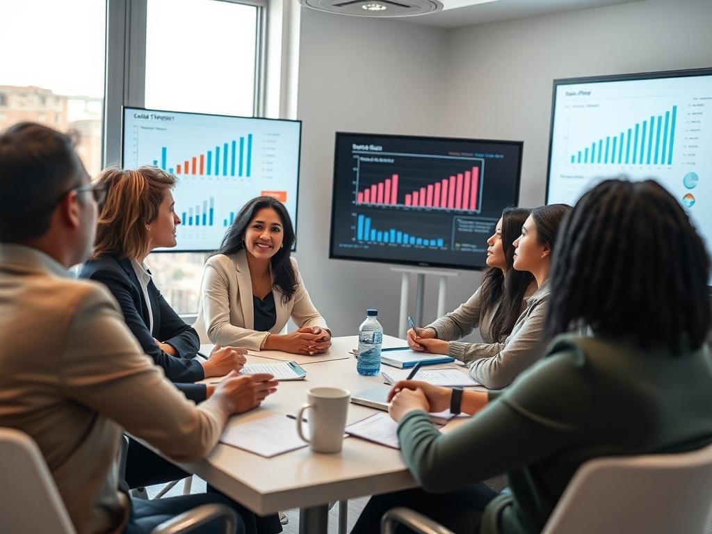 A close-up shot of a diverse team of professionals in a meeting, discussing sales strategies with charts and graphs on a presentation screen. The room is bright and inviting, with a modern design and collaborative atmosphere.