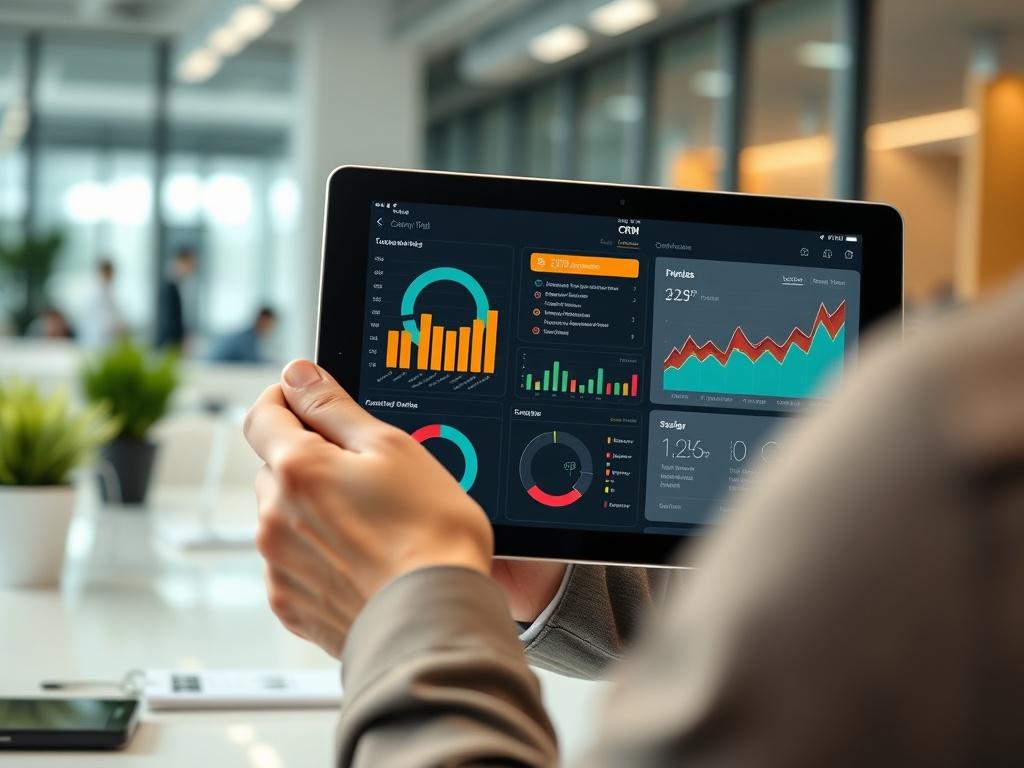 A close-up shot of a person using a CRM software dashboard on a tablet, showcasing a user-friendly interface with graphs and customer data. The background should be a clean office space, emphasizing productivity.