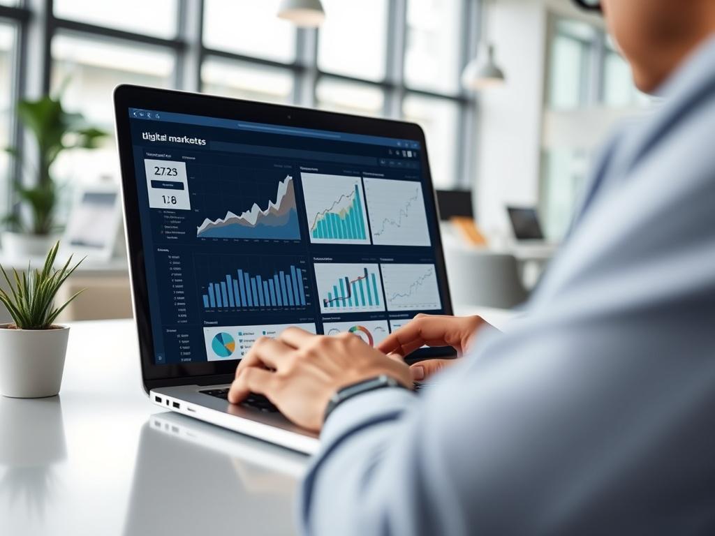 A close-up shot of a person analyzing a digital marketing report on a laptop, showcasing graphs and data visualization on the screen. The background should be a bright, modern office environment, with natural light illuminating the workspace.