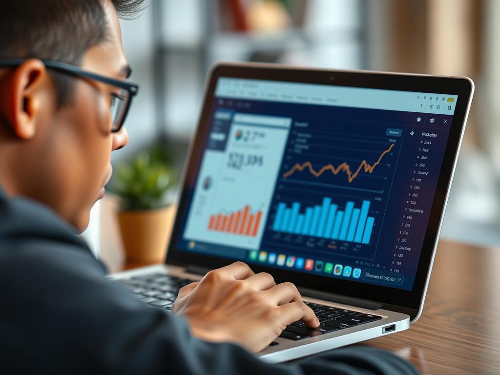 A close-up, hyper-realistic shot of a professional looking at a laptop screen displaying social media engagement metrics. The subject is a young adult with a focused expression, showcasing a diverse and inclusive environment. The background is softly blurred, emphasizing the subject and the laptop screen, which displays graphs and positive comments. The color scheme incorporates the primary color rgb(12, 186, 225) subtly in the laptop interface. The image should be shot with a 45mm f/1.2 lens for depth of f