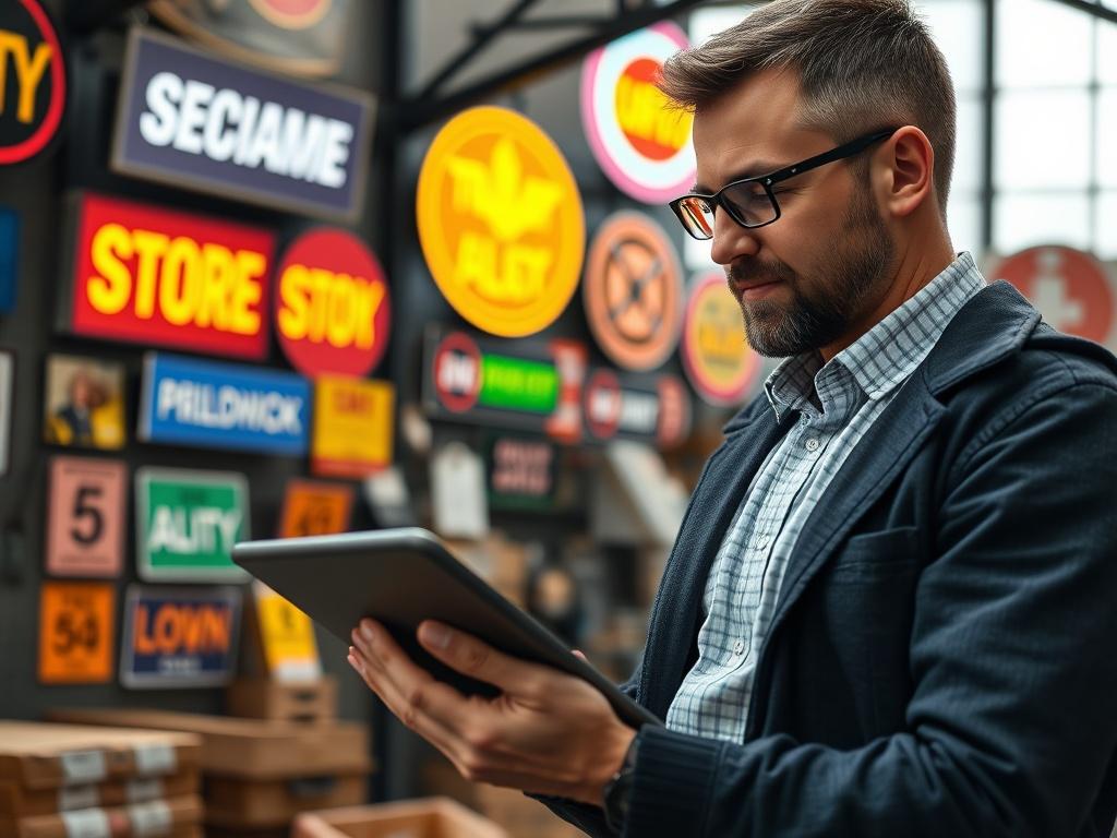 A close-up shot of a business owner reviewing performance metrics on a tablet, surrounded by vibrant signs in a workshop. The image captures the individual’s focused expression, highlighting the importance of data in business growth.