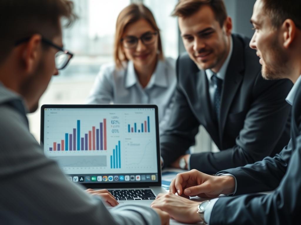 A focused close-up shot of a business team in a meeting, analyzing data on a laptop screen with charts and graphs showing growth. The background is softly blurred to emphasize the team engaged in discussion, conveying collaboration and strategic planning.