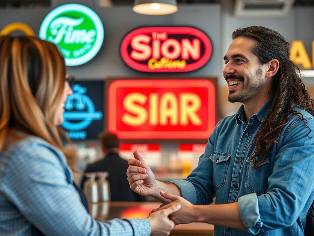 A close-up shot of a satisfied customer receiving a custom sign at a store, showcasing their happy reaction. The background features vibrant signage and the store's logo, emphasizing customer satisfaction and quality service.