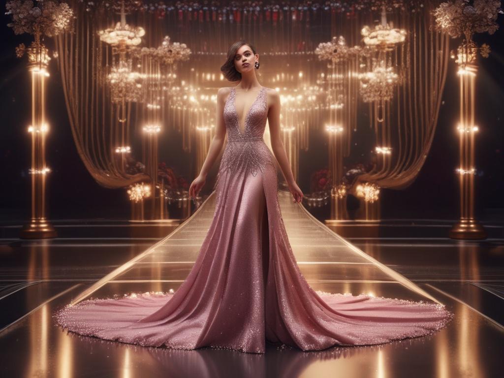 A glamorous ramp model in an elegant evening dress, confidently
