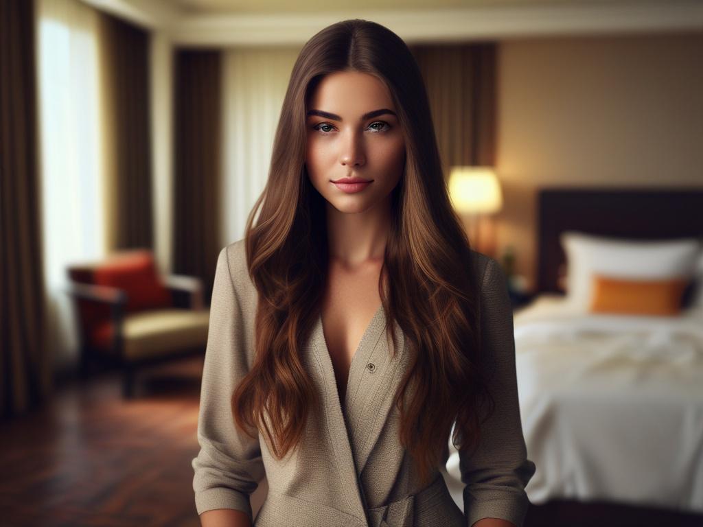 A stunning young woman with long hair, dressed elegantly, standing