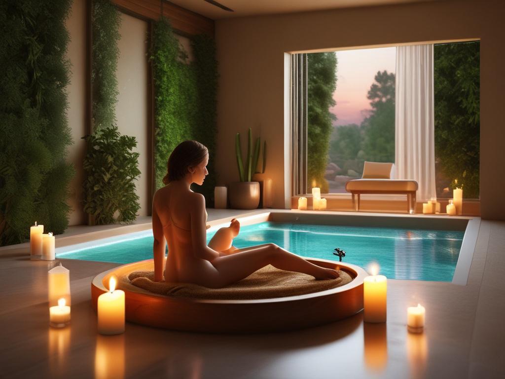 A serene spa like setting with soft lighting, featuring a