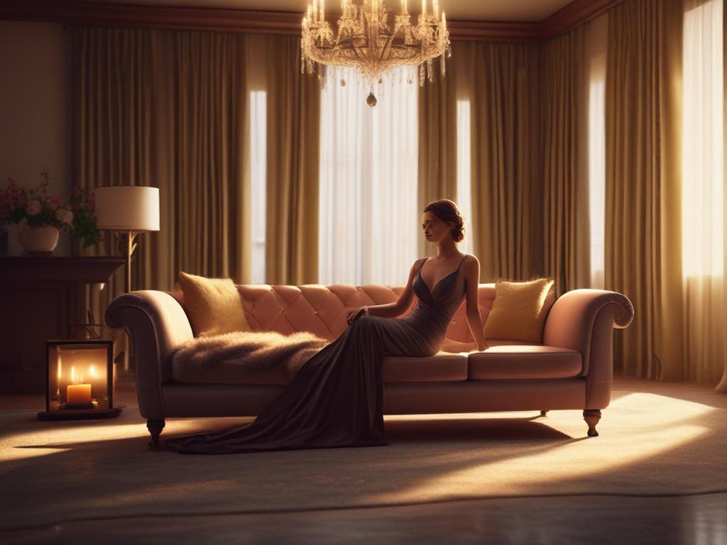 An elegant escort sitting on a plush sofa in a