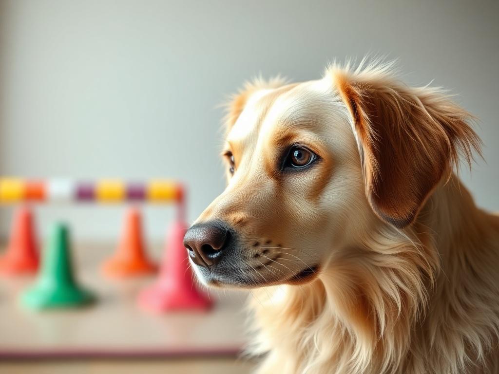 Generate a highly detailed, realistic high-resolution photo that captures a close-up of a focused dog attentively listening during an obedience class. The dog, a medium-sized Golden Retriever, should be the sole subject, showcasing its alert expression and bright eyes to emphasize its engagement and eagerness to learn. The background should be softly blurred, depicting a training environment with subtle hints of colorful obedience training equipment such as agility cones or a flat training mat, ensuring tha