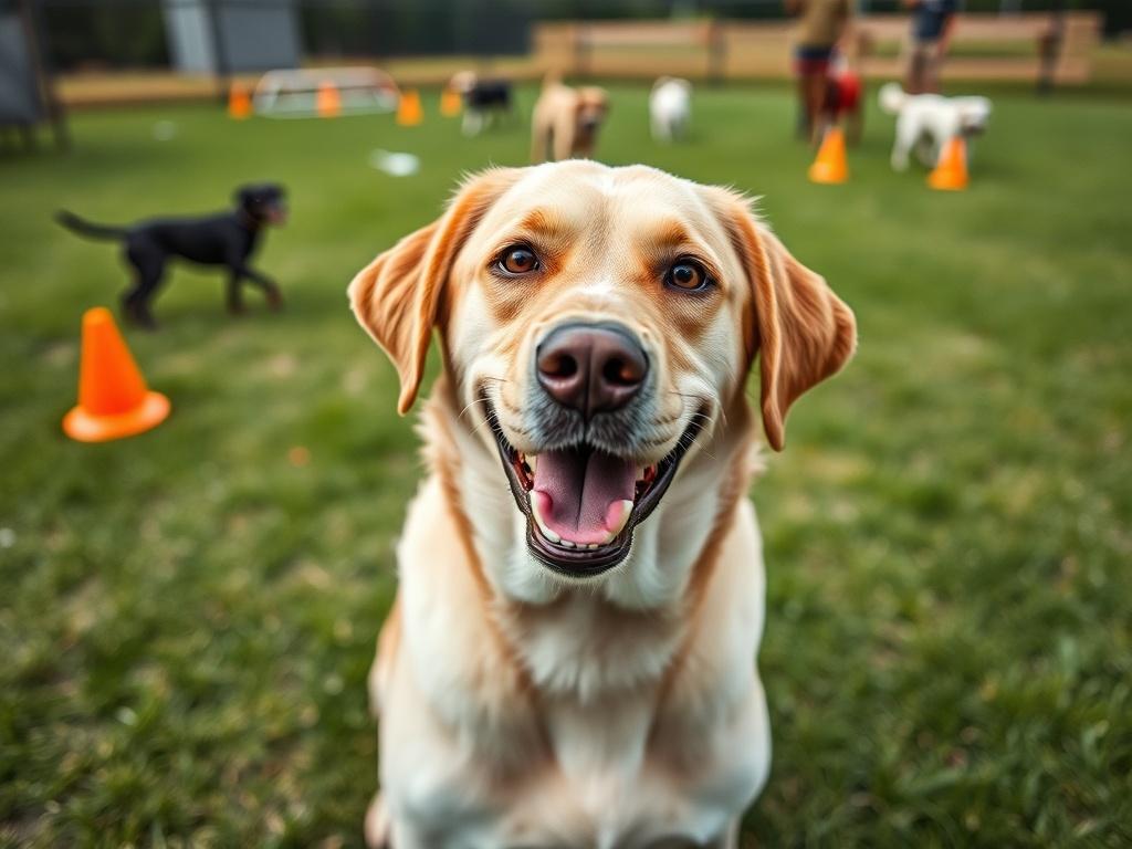 Create a realistic high-resolution photo focusing on a single, well-trained dog in a non-aggressive training setting to reflect the theme of "Dog Bootcamp Isn’t Military School—and That’s a Good Thing." The subject is a happy, alert Labrador Retriever, exhibiting a relaxed yet focused demeanor while engaging in a positive reinforcement training session.

Position the dog in the center of the frame, showcasing its attentive posture and bright, friendly eyes, emphasizing the bond between the dog and its train