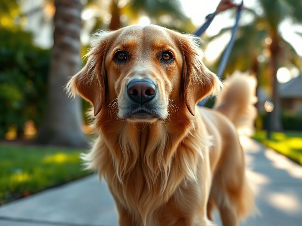 **AI Image Generation Prompt:**

Create a realistic high-resolution photo of a golden retriever, approximately 2-3 years old, standing on a suburban sidewalk in Deltona, FL. The dog should be the sole subject, displaying a slight pulling posture on a leash held by a calm, attentive handler who is out of focus in the background. The golden retriever's coat should be shiny and well-groomed, capturing its expressive eyes and alert posture that suggest engagement and desire to explore. 

In the background, feat